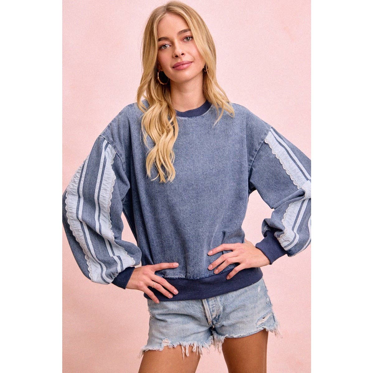 BiBi - WASHED DENIM LACE CONTRAST SIDED SWEATSHIRT TOP: DENIM / S