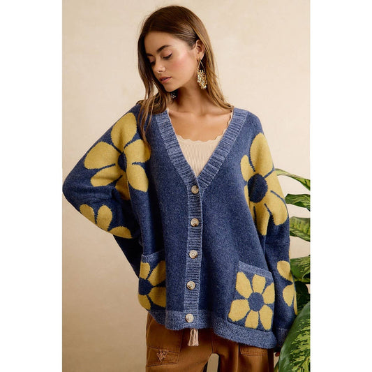 FLOWER PATTERNED OVERSIZED BUTTON CARDIGAN WITH POCKETS: NAVY
