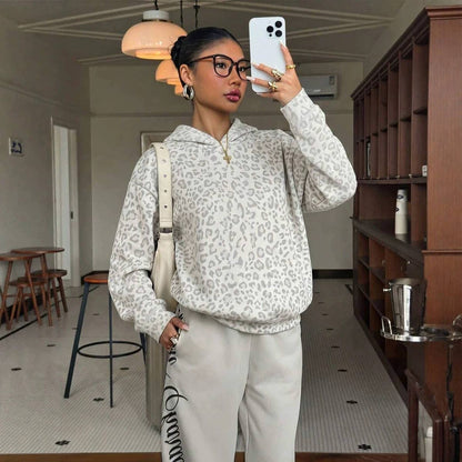 Lovesoft - Leopard Hoodie Oversized Casual Pullover Sweatshirt: Multicolor Floral / 65%viscose+35%polyester / M