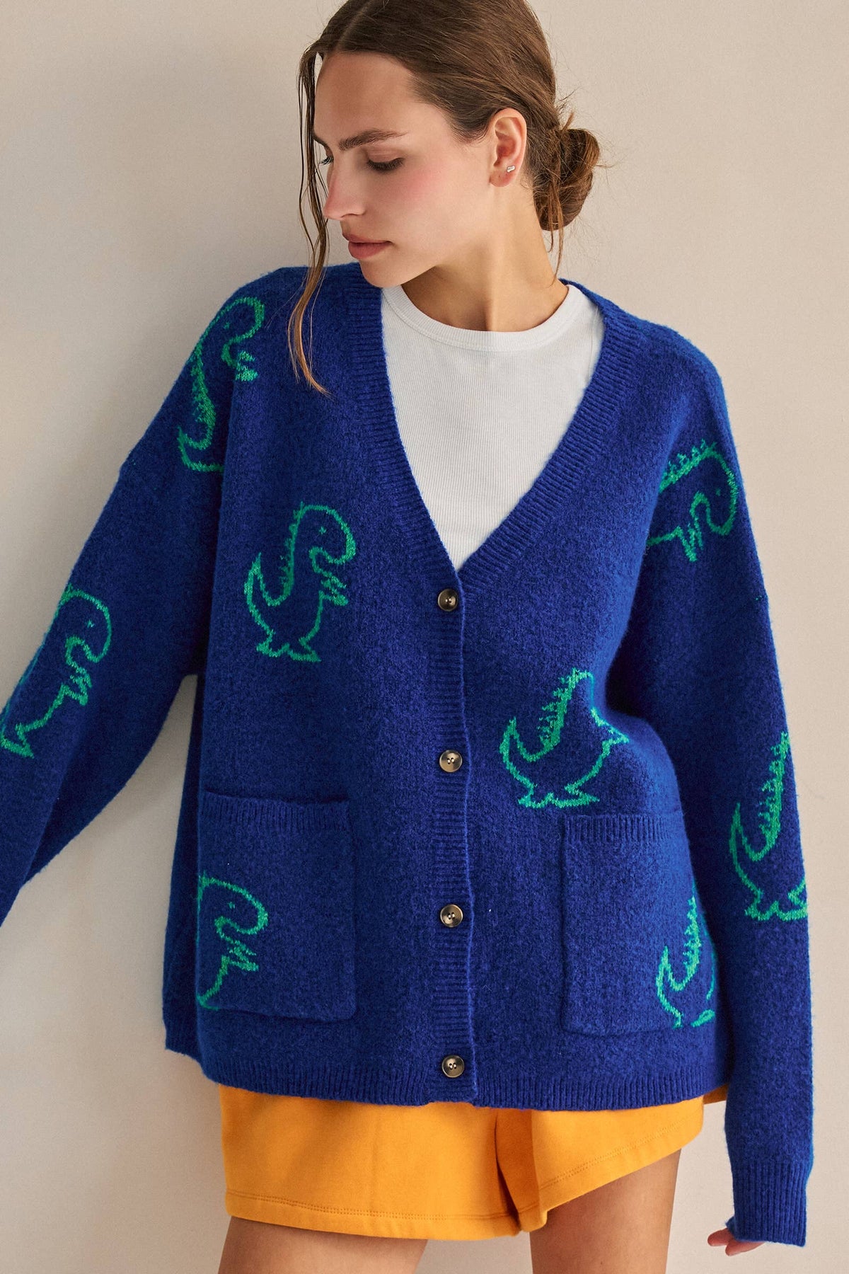 JADE BY JANE - DINOSAUR PATTERN KNIT CARDIGAN: BLACK / S/M