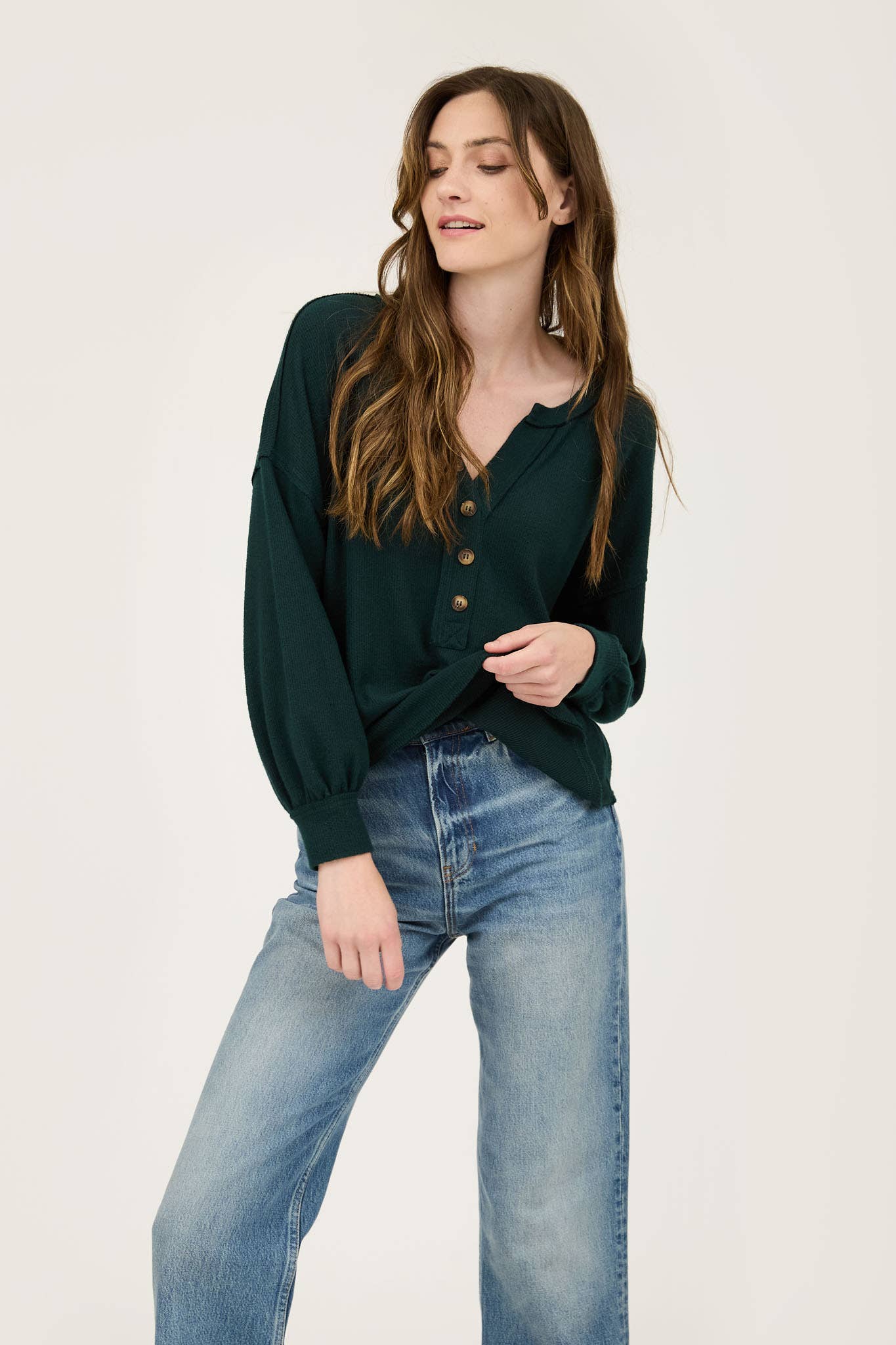 V NECK HALF BUTTON LONG SLEEVE KNIT TOP S-3x