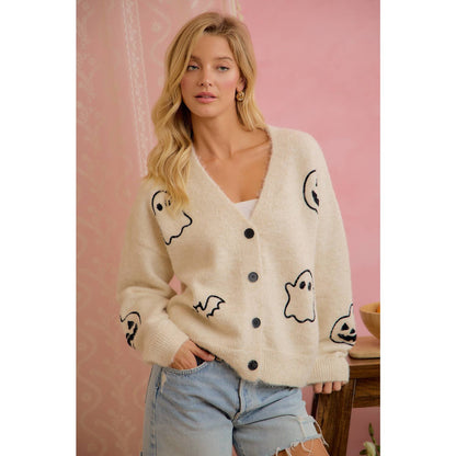 HALLOWEEN GHOST PUMPKIN BUTTON CARDIGAN