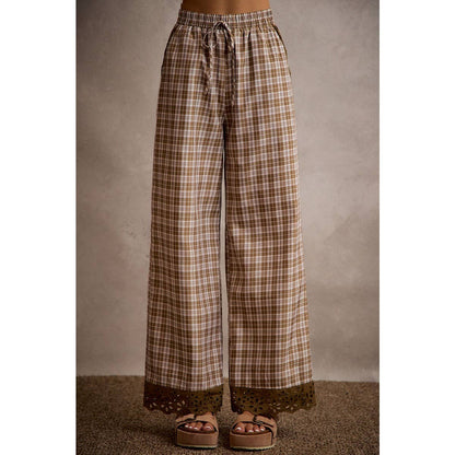 PLAID CHECK WIDE LEG PULL ON WIDE LEG PANTS WITH LACE