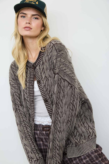 Blu Pepper - WASHED PATTERN CABLE KNIT BUTTON DOWN CARDIGAN: LIGHT KHAKI
