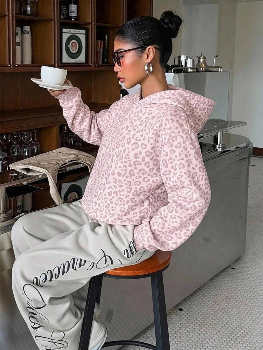 Lovesoft - Leopard Hoodie Oversized Casual Pullover Sweatshirt: Multicolor Floral / 65%viscose+35%polyester / L