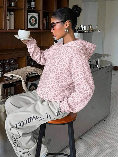 Lovesoft - Leopard Hoodie Oversized Casual Pullover Sweatshirt: Multicolor Floral / 65%viscose+35%polyester / L