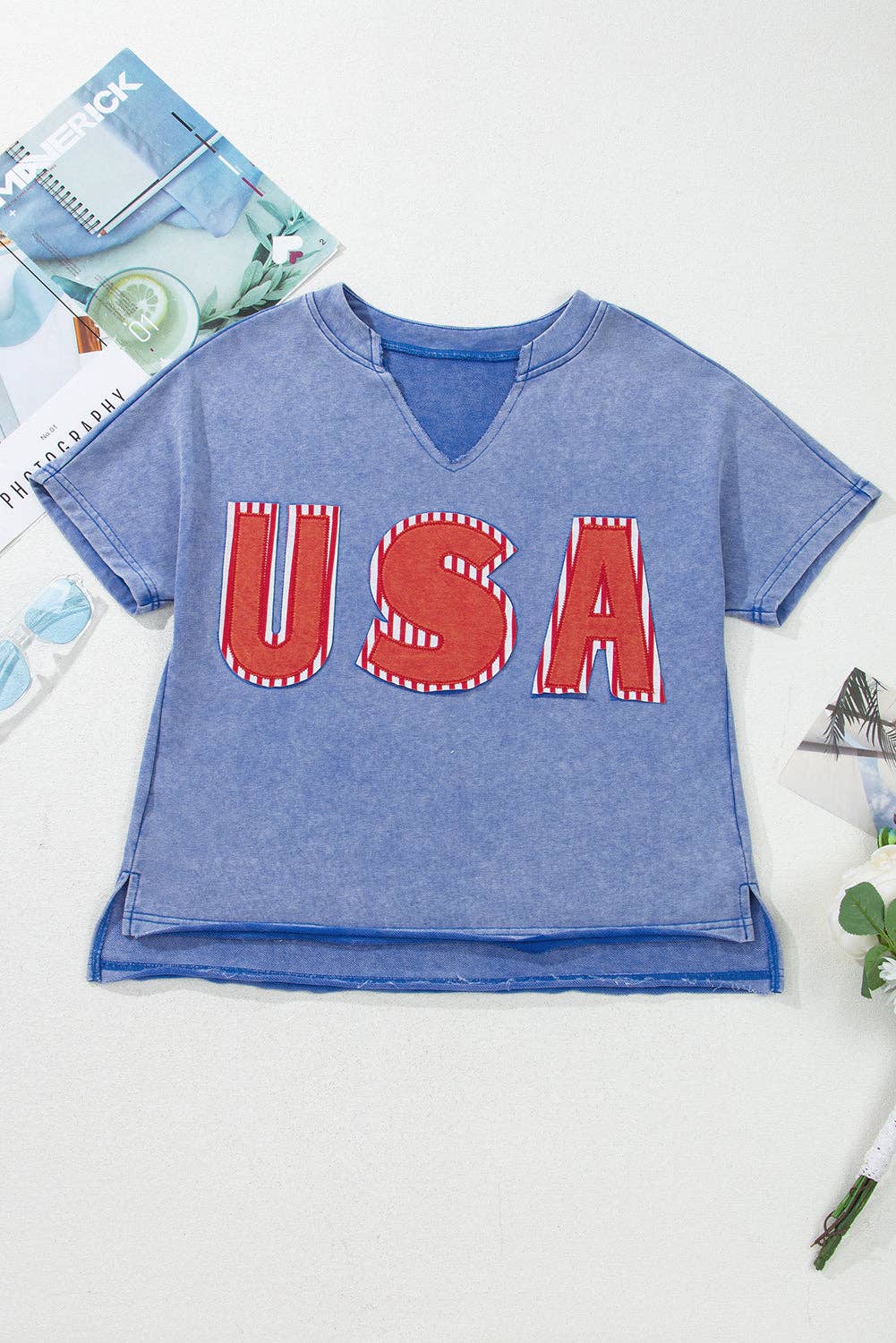SKY BLUE USA PATCH MINERAL WASH NOTCH VNECK VINTAGE GRAPHIC