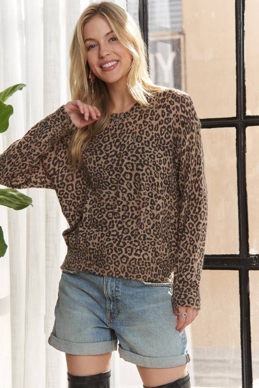 ADORA LA - LONG SLEEVE LEOPARD PRINT TOP RELAXED - CESW3850: Brown / S-M-L(2-2-2)