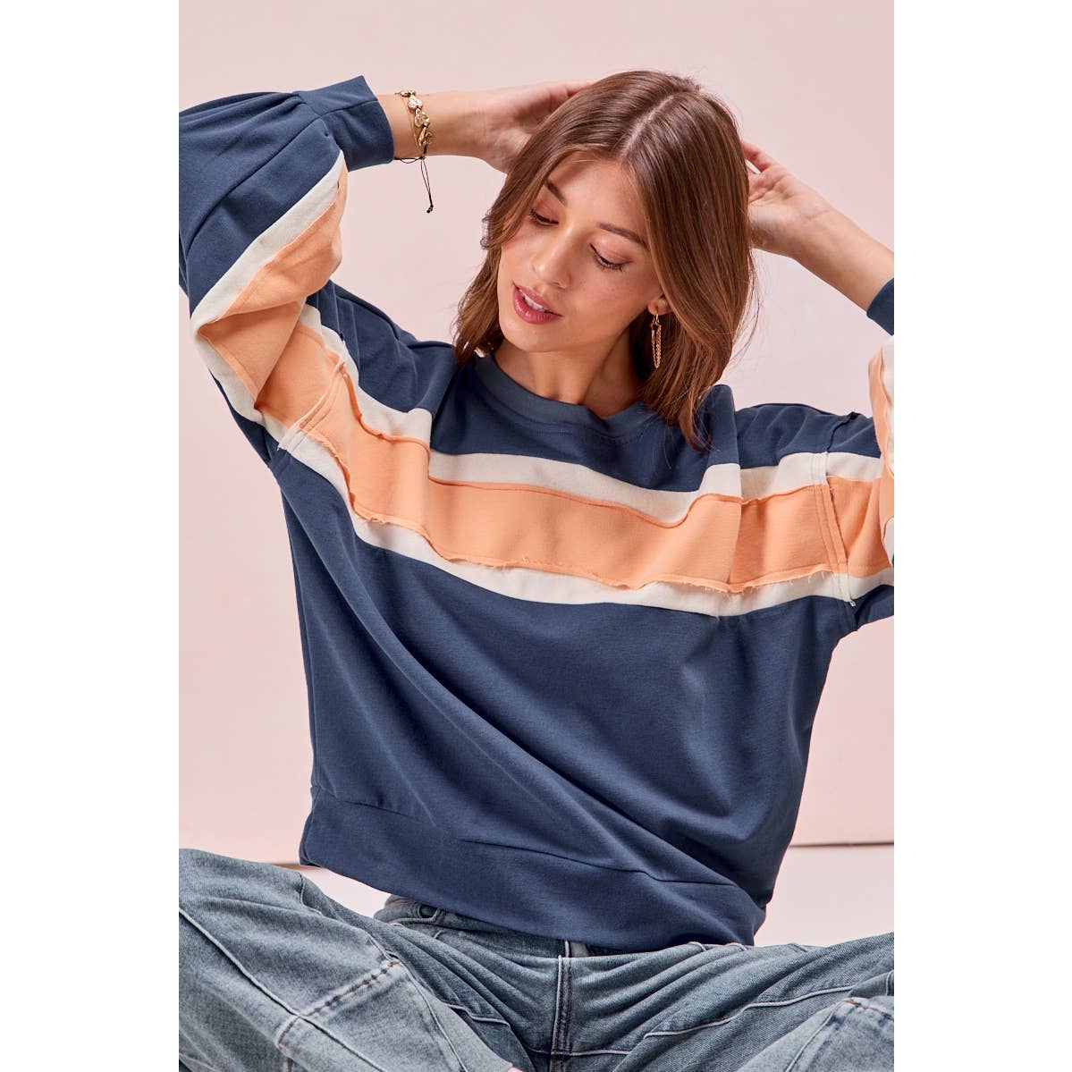 BiBi - FRENCH TERRY COLOR BLOCK SWEATSHIRT: INDIGO/MUSTARD/IVORY / XL