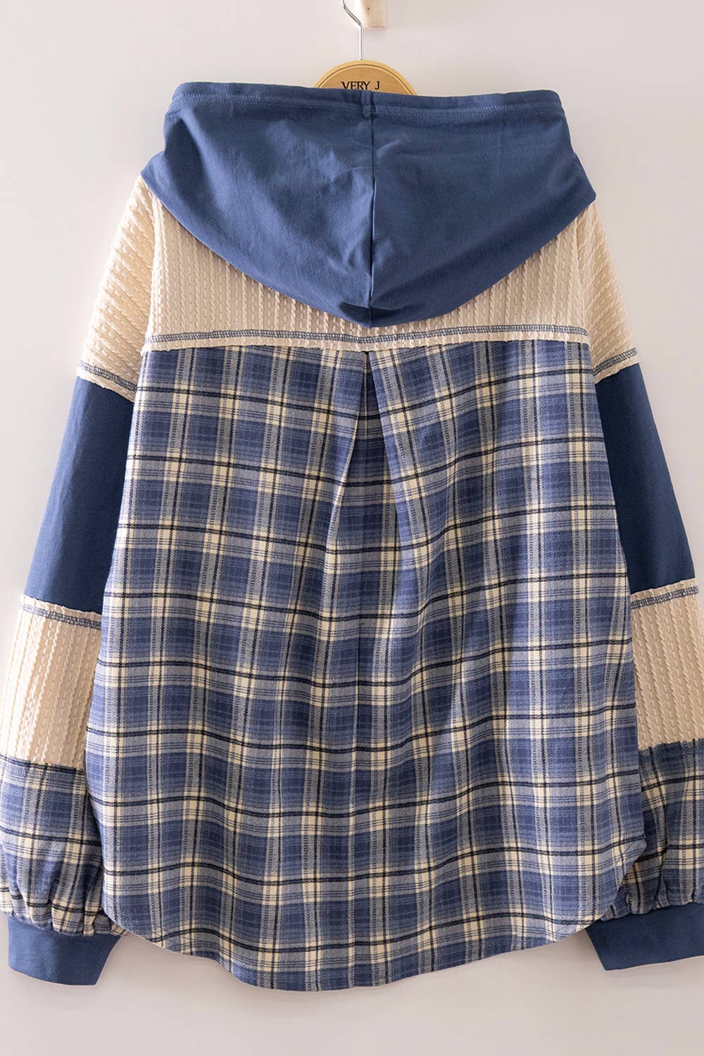 Plaid Contrast Hoodie Pullover: DENIM