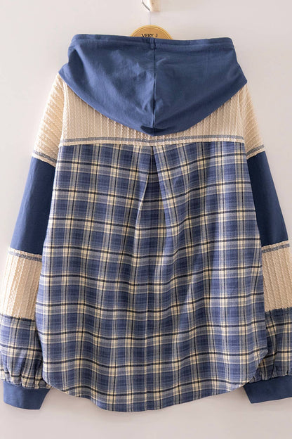 Plaid Contrast Hoodie Pullover: DENIM