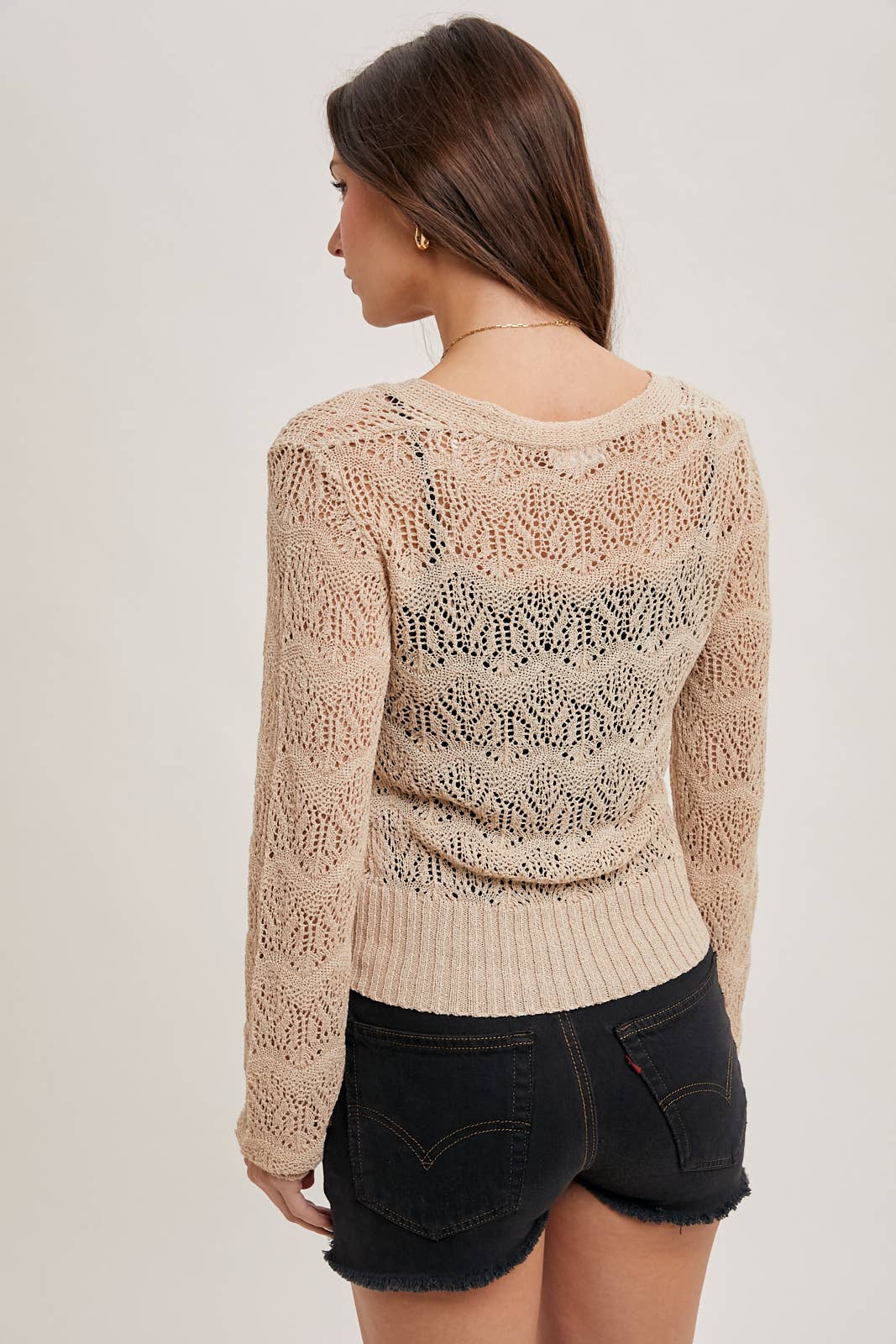 Bluivy - OPEN KNIT WRAP V-NECK SWEATER TOP: Beige / L