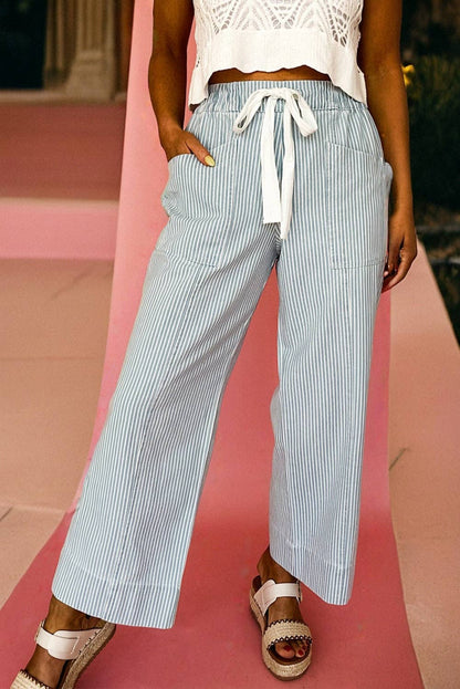 Lovesoft - Sky Blue Stripe Mid Rise Drawstring Waist Jeans: Sky Blue Stripe / 85%Cotton+15%Polyester / 8