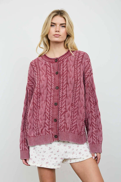 Blu Pepper - WASHED PATTERN CABLE KNIT BUTTON DOWN CARDIGAN: LIGHT KHAKI