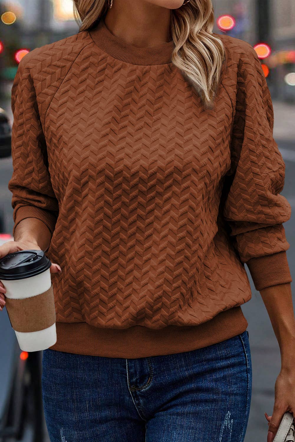 BEIGE TEXTURED RAGLAN PULLOVER