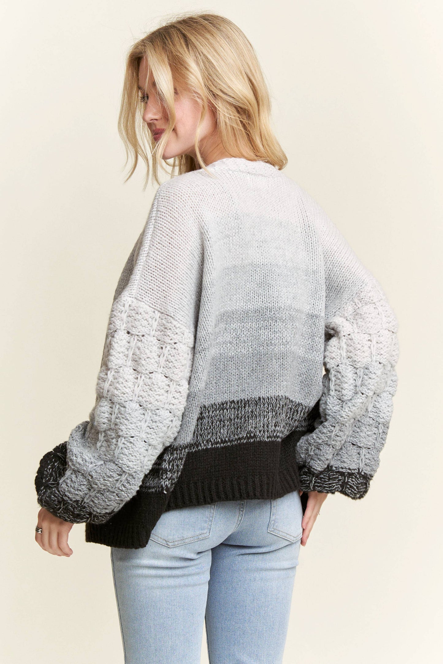 PUFF SLEEVES OMBRE SWEATER CARDIGAN: GREY