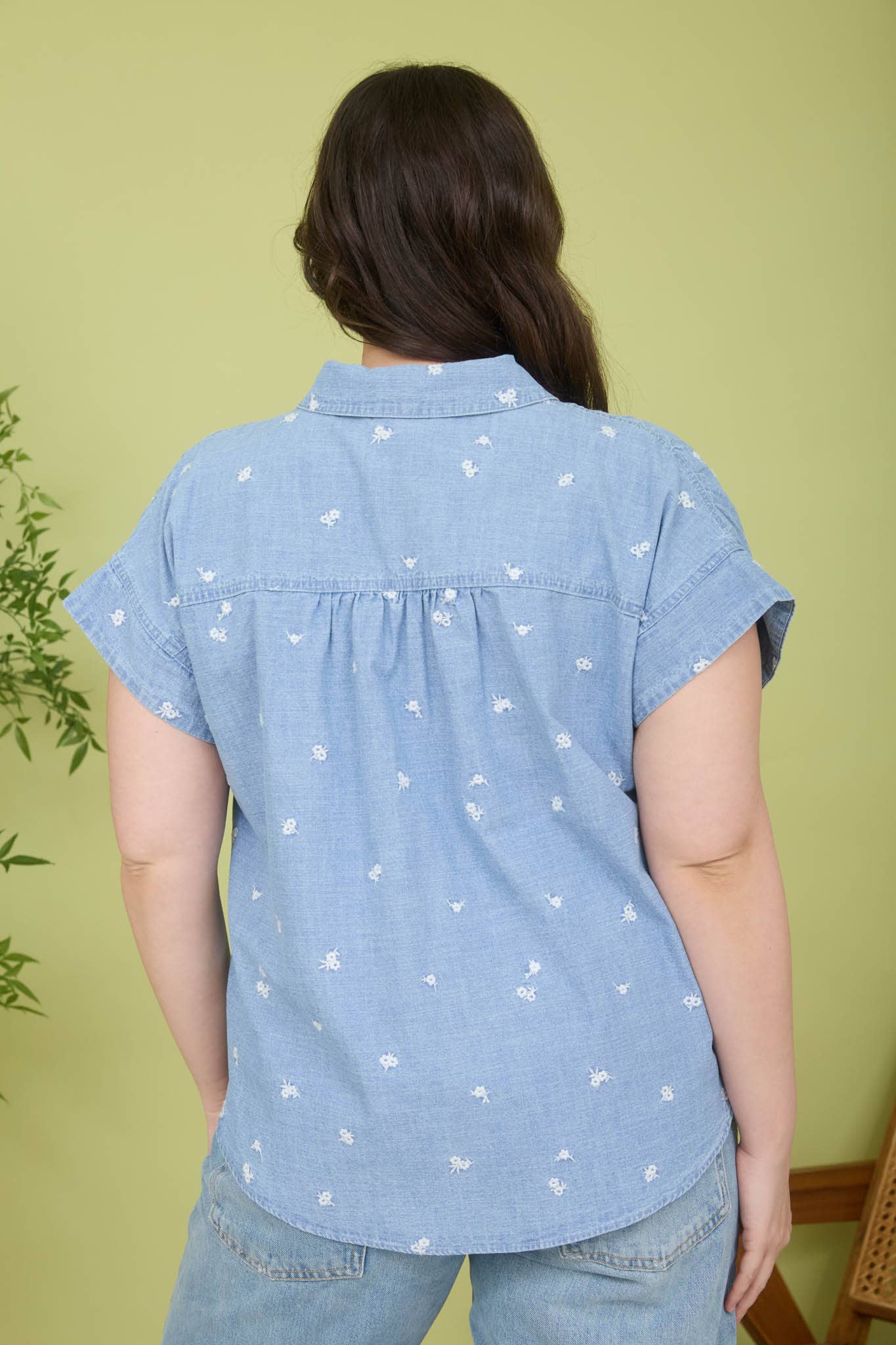PLUS EMBROIDERED FLORAL BUTTON DOWN DENIM  SHIRT