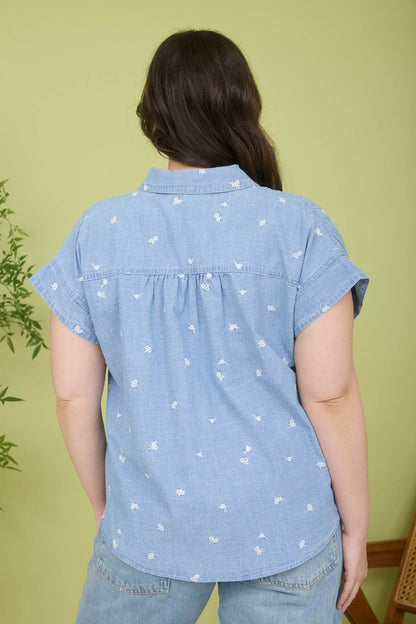 PLUS EMBROIDERED FLORAL BUTTON DOWN DENIM  SHIRT