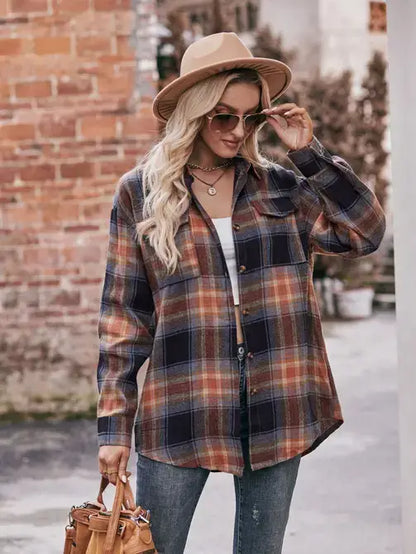 KHAKI COFFEE CASUAL OVERSIZED LOOSE PLAID FLANNEL