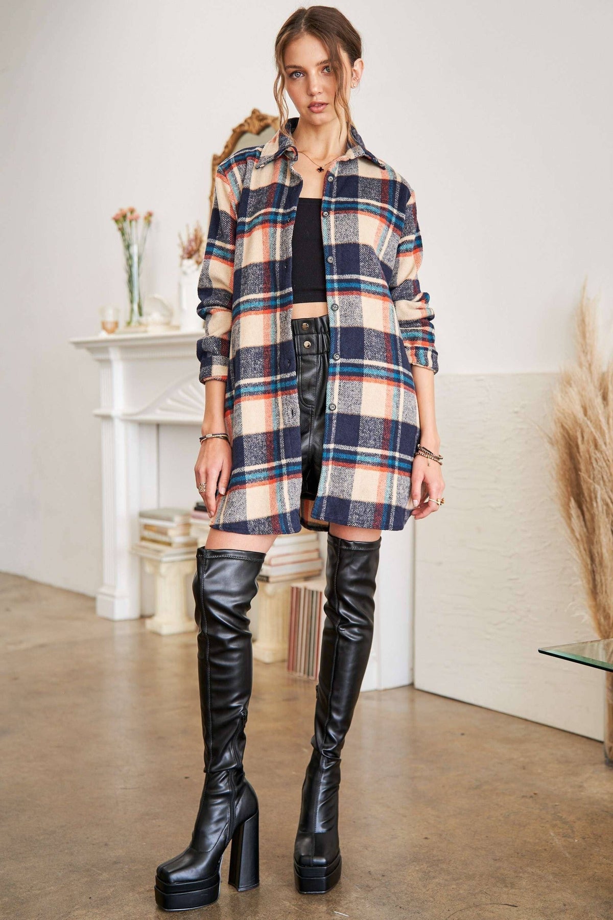 ADORA LA - CEJ1987A-CHECK FLANNEL SHIRT JACKET LONG SLEEVE: Green/Navy / S-M-L(2-2-2)