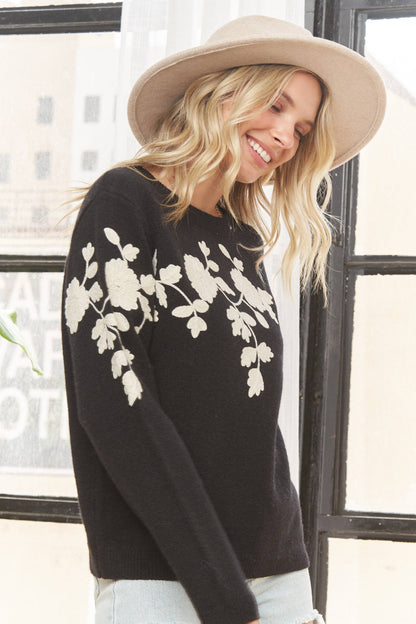 FLORAL ROUND NECK KNIT SWEATER