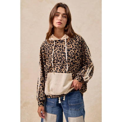 BiBi - WAFFLE THERMAL AND LEOPARD MIX AND MATCH HOODIE: LEOPARD/OATMEAL / L