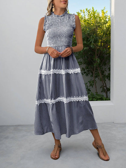 STRIPED LACE TRIM SLEEVELESS MIDI