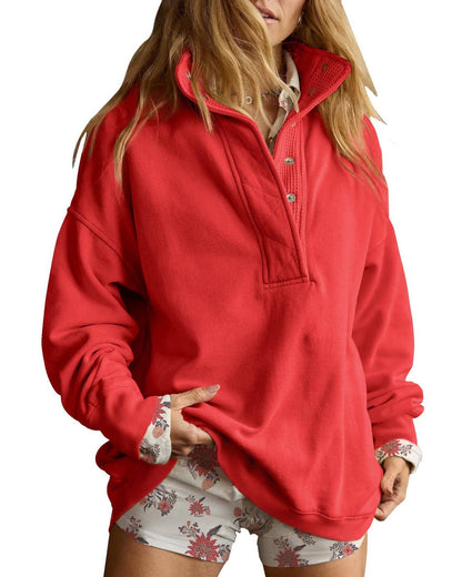 Lovesoft - Solid Fleece Sweatshirt Casual Oversized Snap Collar: Light Gray / 65%Polyester+30%Viscose   +5%Elastane / S