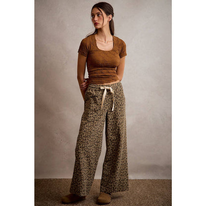 LEOPARD ELASTICIZED WAIST WIDE PANTS