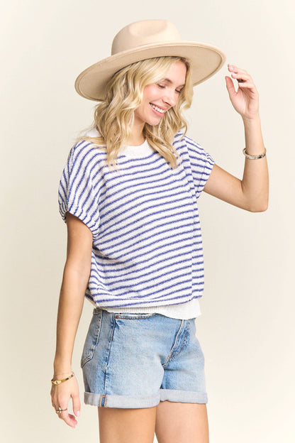 TORI STRIPED CASUAL SHORT SLEEVE KNIT TOP