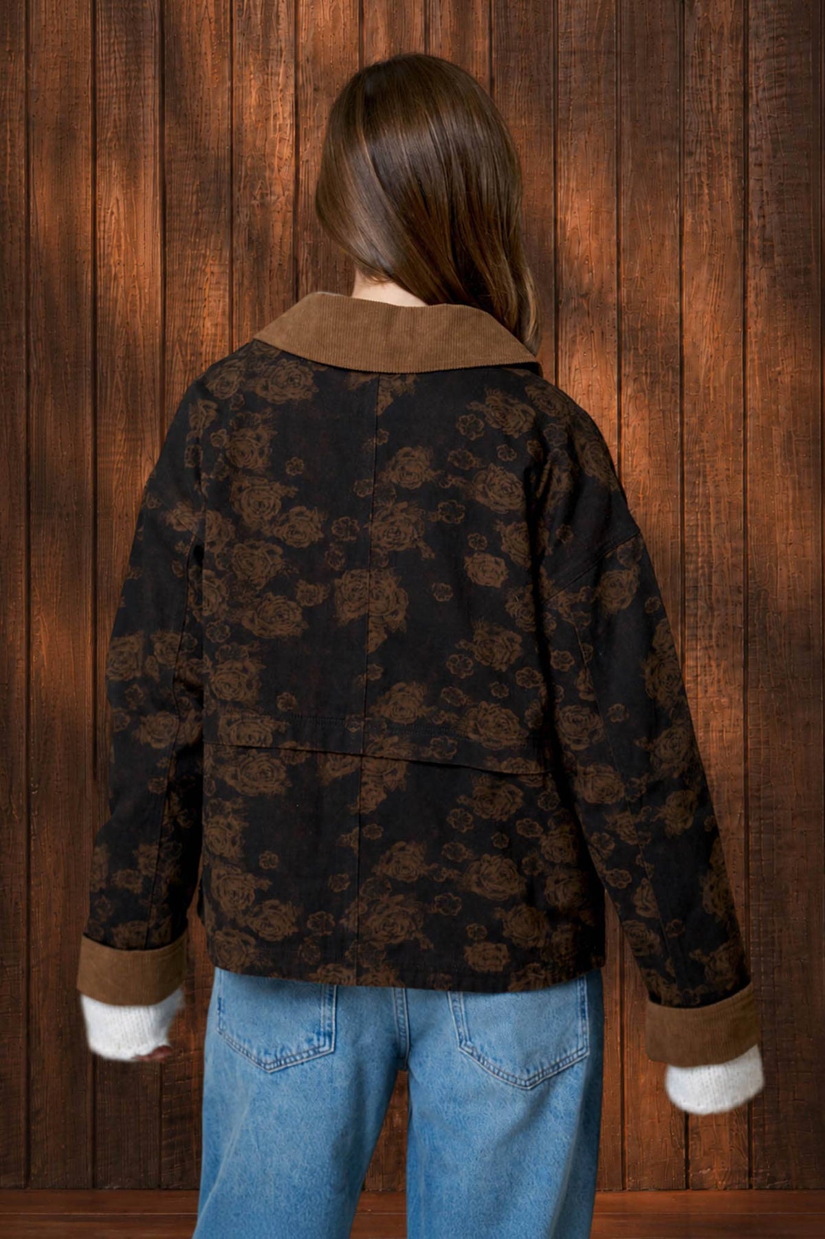 FLORAL DENIM JACQUARD CORDUROY COLLAR JACKET