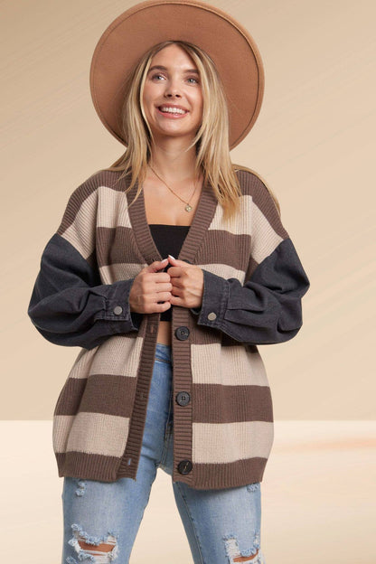 DENIM SLEEVE STRIPE SWEATER CARDIGAN