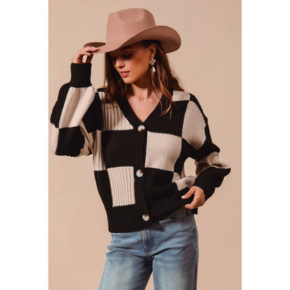 CHECKERED BUTTON FRONT TEXTURED SWEATER CARDIGAN OATMEAL +BLACK