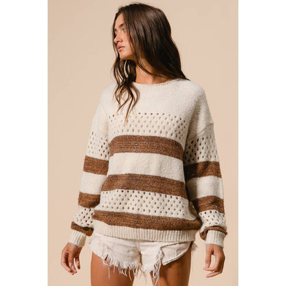 BiBi - STRIPE PATTERNED SWEATER TOP: IVORY/BROWN / M