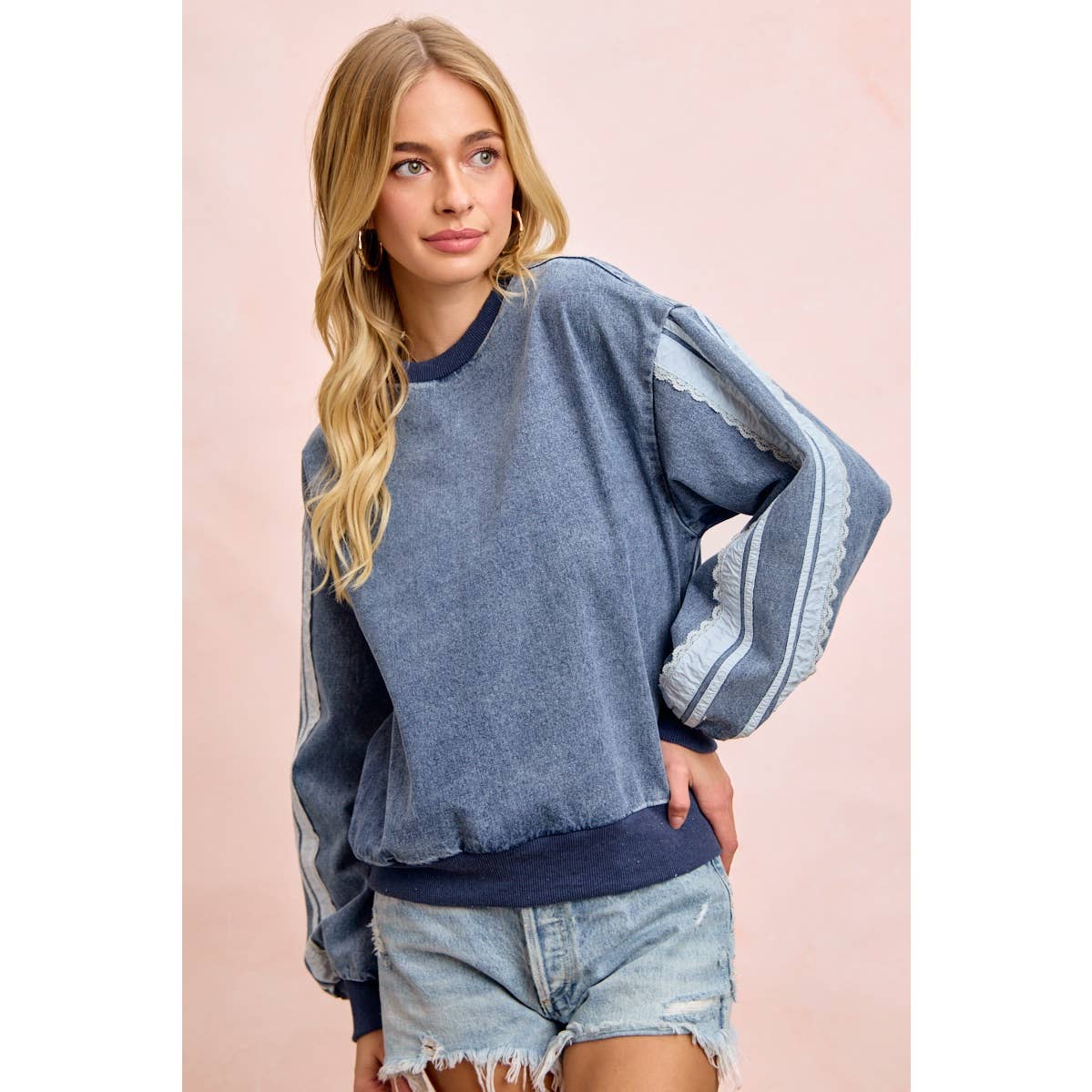 BiBi - WASHED DENIM LACE CONTRAST SIDED SWEATSHIRT TOP: DENIM / S