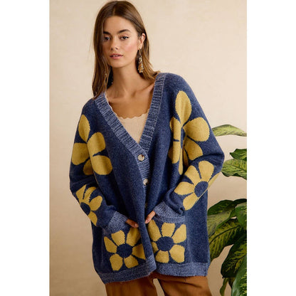 FLOWER PATTERNED OVERSIZED BUTTON CARDIGAN WITH POCKETS: NAVY