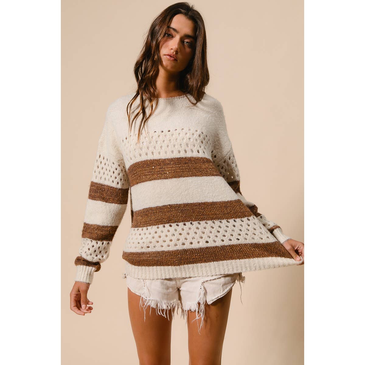 BiBi - STRIPE PATTERNED SWEATER TOP: IVORY/BROWN / M