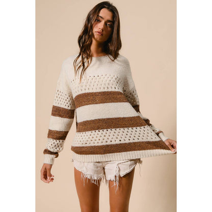 BiBi - STRIPE PATTERNED SWEATER TOP: IVORY/BROWN / M