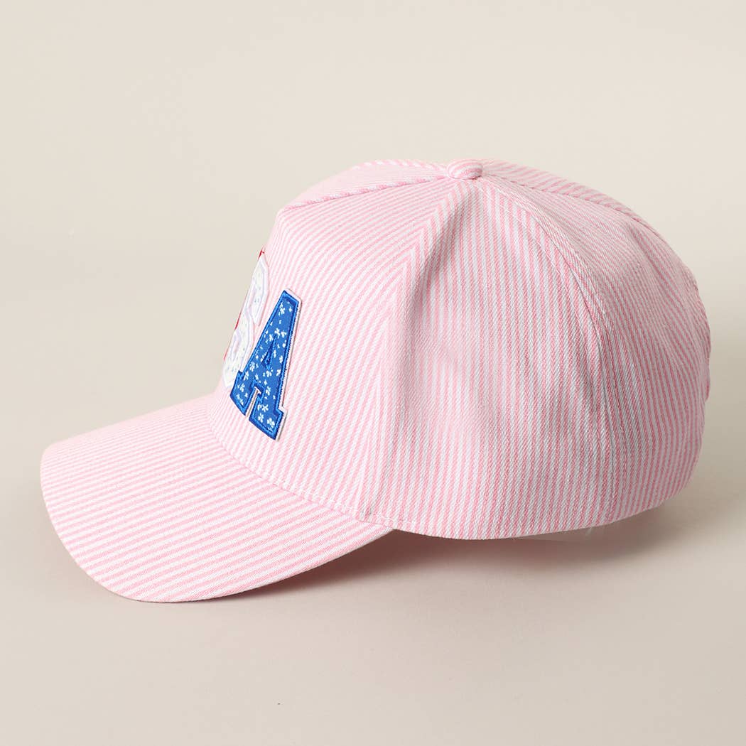 USA LETTER PATCH STRIPED TRUCKER HAT