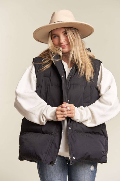 BLACK DRAWSTRING WAIST PUFFER HOODIE VEST