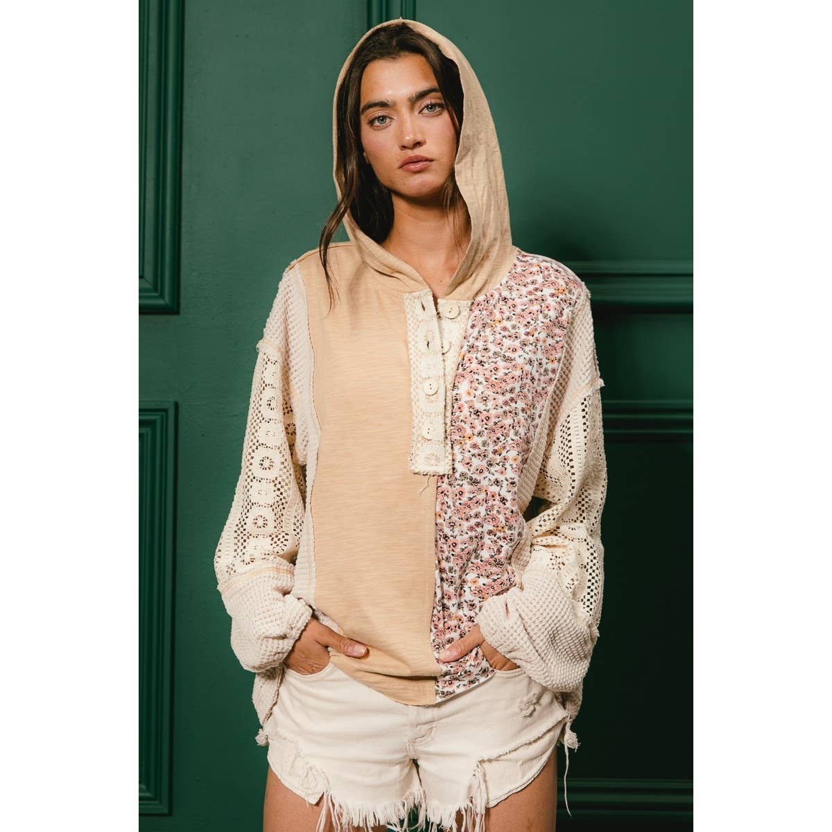 SLUB JERSEY WITH LACE COMBO BUTTONED HOODIE TOP