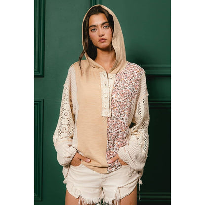 SLUB JERSEY WITH LACE COMBO BUTTONED HOODIE TOP