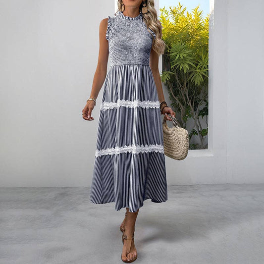 Lovesoft - Striped Lace Trim Sleeveless Midi Dress for Summer: Navy Blue / 96% Polyester + 4% Spandex / L