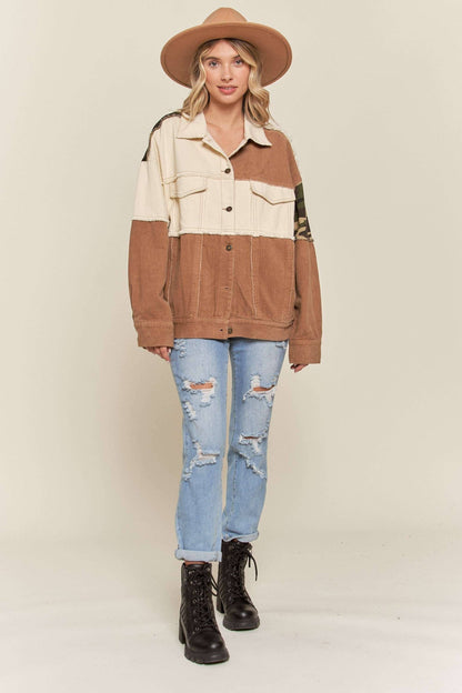 NOT YOUR HUSBAND'S BUTTON DOWN JACKET WITH CAMO ACCENT