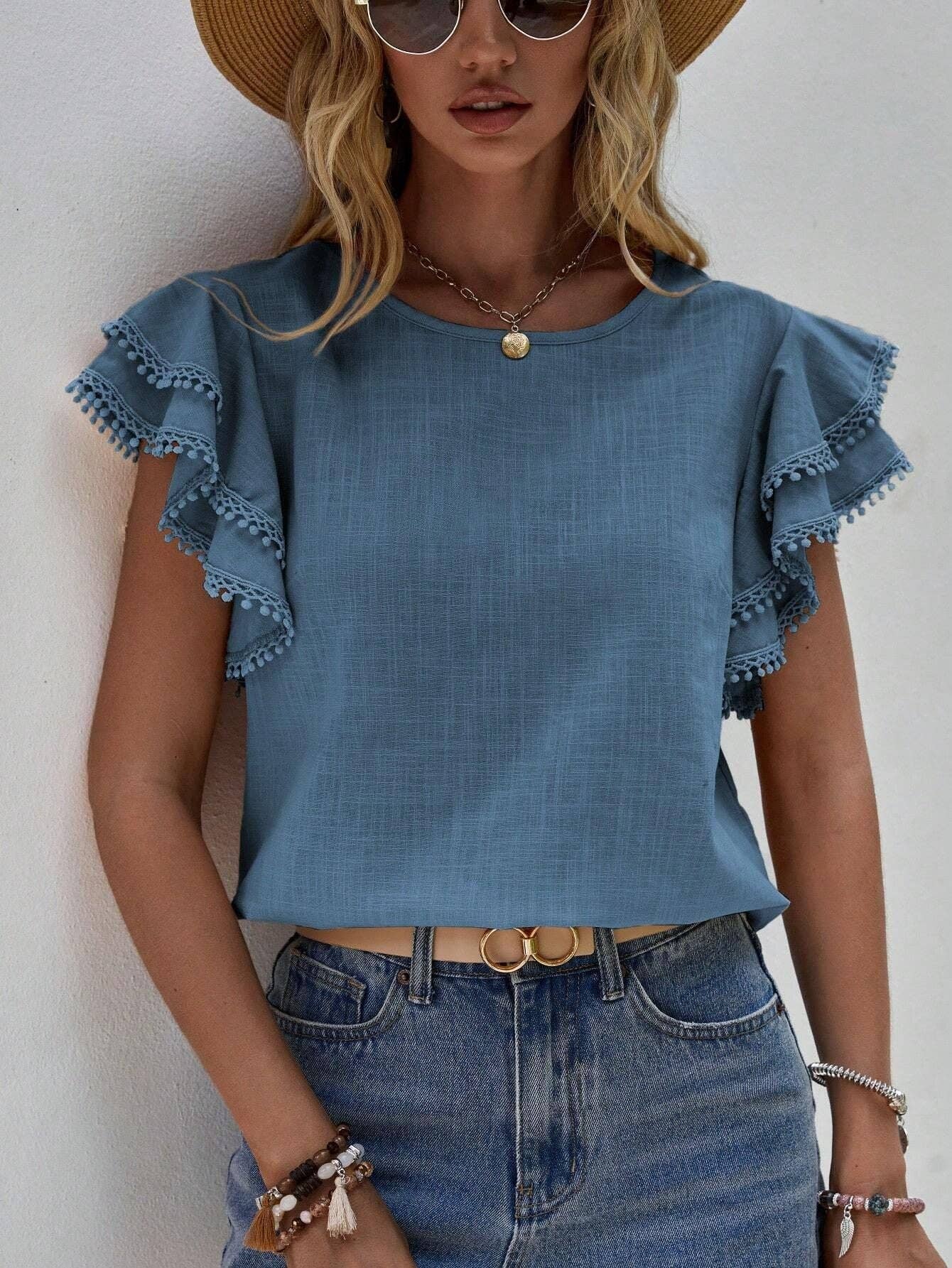 Women's Casual Ruffle Sleeve V-Neck Blouse Soft Cotton Pom Pom Trim Short Sleeve Top