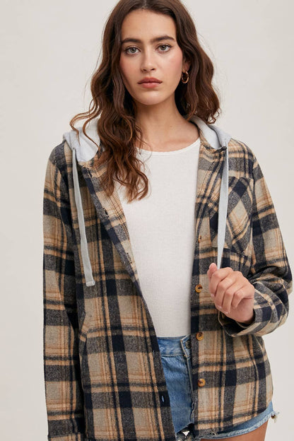 HOODED FLANNEL BUTTON FRONT SHIRT JACKET