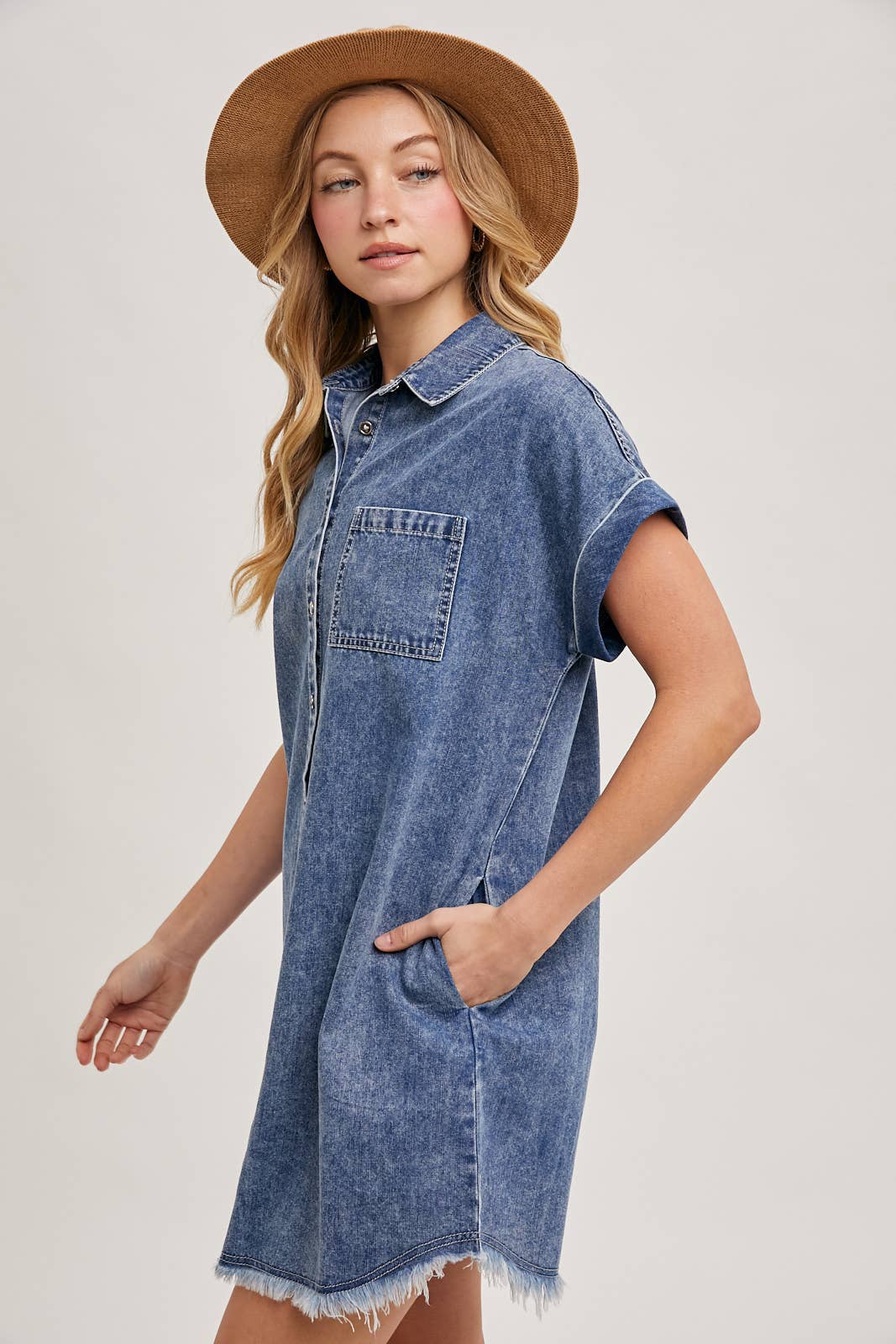 FRAYED HEM DENIM SHIRT DRESS