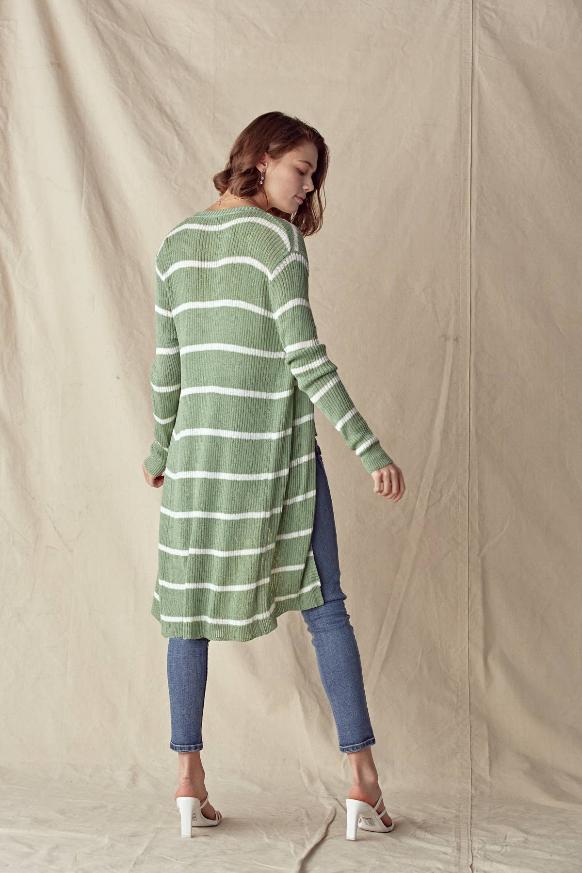 Doe and Rae - L/S Ribbed Xlong Open Cardigan - 1070C: Taupe/White / M