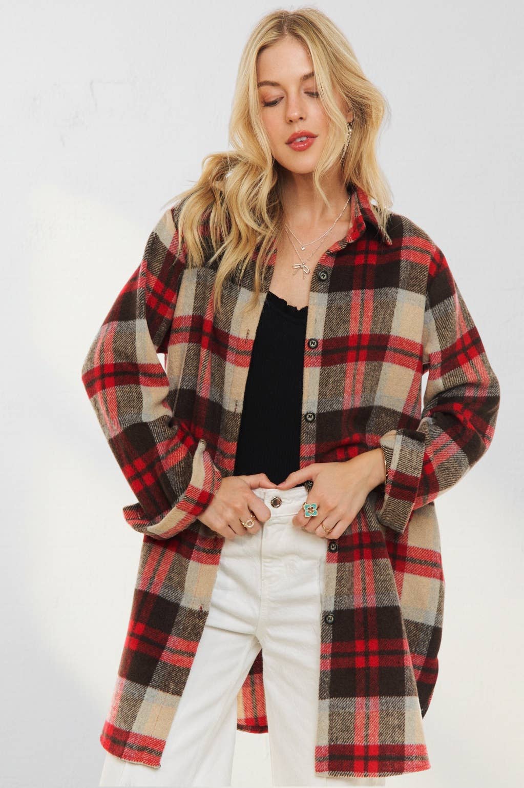 ADORA LA - CEJ1987A-CHECK FLANNEL SHIRT JACKET LONG SLEEVE: Green/Navy / S-M-L(2-2-2)