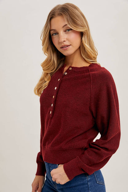 Bluivy - HALF-BUTTON HENLEY KNIT SWEATER: HUNTER GREEN / S